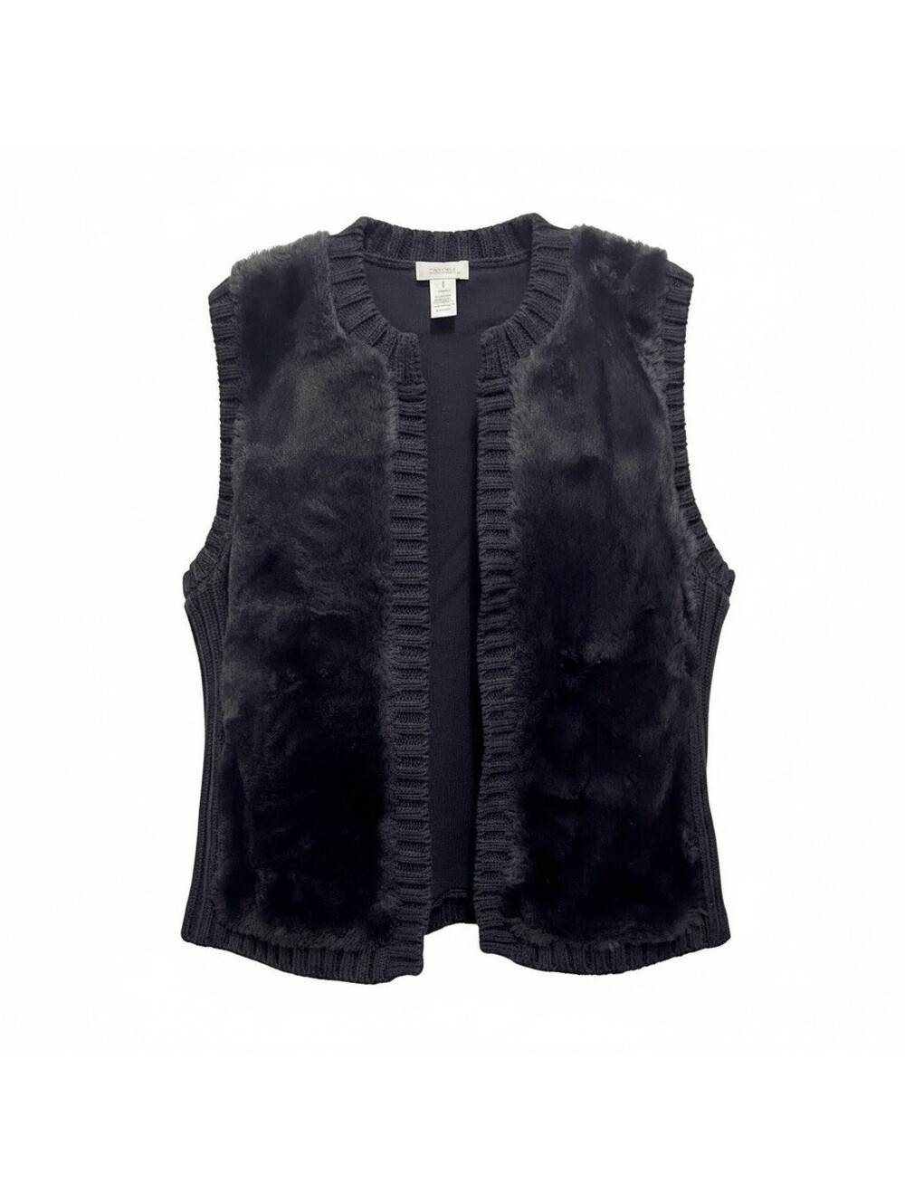 Chicos Size 1 (M) Black Sleeveless Wool Blend Fur Sleeveless Vest Grunge Gothic